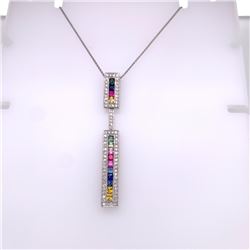 14Kt Gold Long 1.90 Tcw Multi Sapphire & Natural Diamonds Pendant.