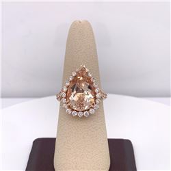 14Kt Gold 6.94 Tcw  Pear Shape Morganite (Pink Emerald) & Natural Diamonds Ring