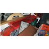 Image 2 : Box of oil cans, hitch balls, jigsaw with toolbox and troweling tools