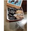 Image 8 : Box of new open toe stockings and lot of curtains