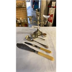 CANDELABRA AND SILVER PLATE SERVING UTENSILS