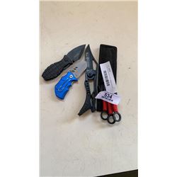 3 new throwing knives,mtech folding knife with buker and columbia folding knives