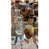 Image 1 : 13 INCH CUT GLASS DECANTER W/ LABEL, MONK VINO ROSSO DECANTER AND BAVARIAN MONK MUG