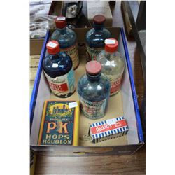 Five Bottles of "Mrs. Stewart" Bluing (some have contents); Box of Reckitts & a box of P.K. Hops