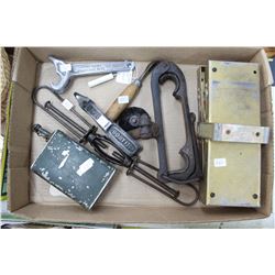 Box of Miscellaneous Items: Bostitch Staple Puller; Hose Coupler Wrench; Tightening Tool; Flares, et