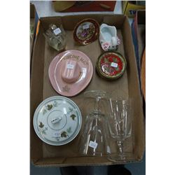 Box of Miscellaneous: Medicine Hat 'Hat'; 2 Swans; Coasters; Sm. Limoges Plate; Sugar Bowl & 2 Cryst