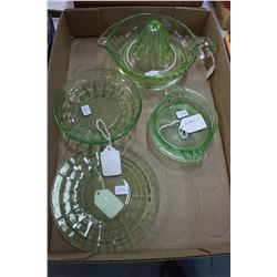 Green Depression Glass (4 pcs): Juicer (has a chip); Bowl; Plate & Ashtray