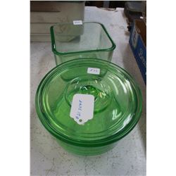 Green Depression Glass (3 pcs): Small Serving Bowl with Lid & 1 Square Bowl