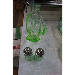 Green Depression Glass (4 pcs): Salt & Pepper Shakers; Bud Vase and a Candy Dish