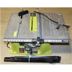 RYOBI TABLE SAW SET WITH STAND AND A BLADE.