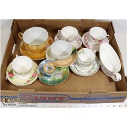 LARGE FLAT OF BONE CHINA TEACUPS AND SAUCERS