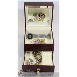 BURGUNDY JEWELRY BOX FILLED WITH ESTATE JEWELRY
