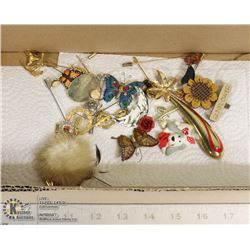 BOX OF ESTATE BROOCHES AND STICK PINS