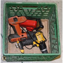 CRATE OF VARIOUS MIS-MATCHED DRILLS, BATTERIES AND