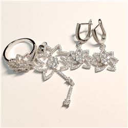 SILVER CUBIC ZIRCONIA EARRING, PENDENT, RING SET