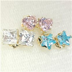 9K YELLOW GOLD CUBIC ZIRCONIA 3 PAIRS BLUE,PINK