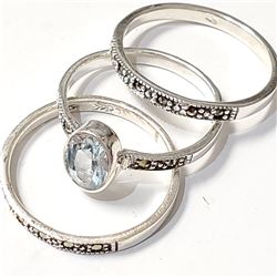SILVER BLUE TOPAZ MARCASITE SET OF THREE SET
