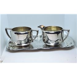 18)  CREAM AND SUGAR & TRAY W.M. ROGERS