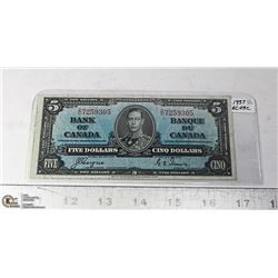 1937 CANADIAN $5  BILL