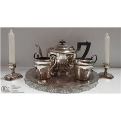 SILVERPLATE TEA SET & CANDLE HOLDERS WITH CANDLES