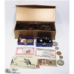 CHINESE BOX COIN/BILL/STAMP ASSORTED