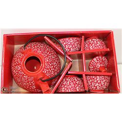 NEW IN BOX ASIAN TEA SET RED AND WHITE PORCELAIN