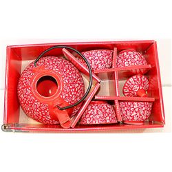NEW IN BOX ASIAN TEA SET RED AND WHITE PORCELAIN