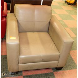 TAN LEATHERETTE CHAIR. NEEDS CLEANING. 35" WIDE