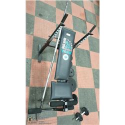 WEIGHT BENCH WITH LEG PRESS,BARBELL AND WEIGHTS