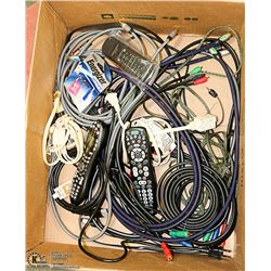 BOX OF ASSORTED CORDS AND REMOTES ETC.