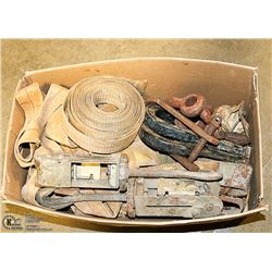 BOX OF HEAVY TIE DOWN STRAPS, TOW HOOKS AND CLEVIS