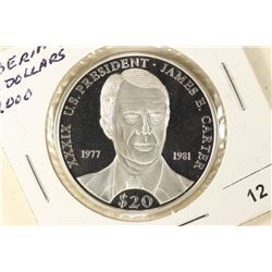 2000 LIBERIA SILVER PROOF $20 US PRESIDENT JAMES