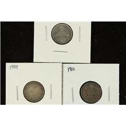 1907, 1909 & 1910 CANADA SILVER 10 CENTS