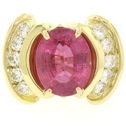 18K Yellow Gold 6.54 ctw Oval Pink Tourmaline & Round Diamond Cocktail Ring