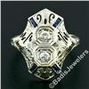 Image 2 : Art Deco 18kt White Gold Euro Cut Diamond & Sapphire Filigree Dinner Ring