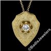 Image 2 : Vintage 14kt Yellow Gold 0.40 ctw Diamond Hand Etched Shield Pendant Necklace