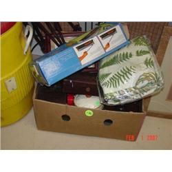 Box of assorted items including tile cu