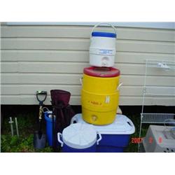 Three water coolers, folding chair, sho