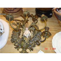 Two brass wall scones with damage & pie