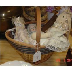 Basket with porcelain baby doll & Two (