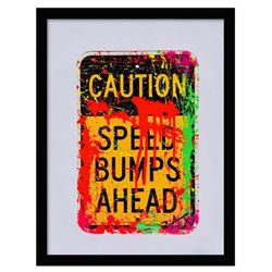 E.M. Zax, "Caution - Speed Bumps" Framed Original Hand Painted Metal Street Sign, Hand Signed with L