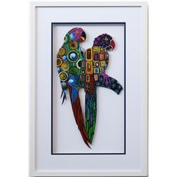 Patricia Govezensky- Original Painting on Laser Cut Steel "Two Parrots XVI"