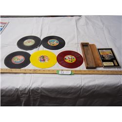 VINTAGE THERMOMETER, & (5) KIDS RECORDS (SCRATCHED), VINTAGE WOODEN BOX