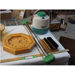 THERMOS, EXCERCISER, WOODEN CLOCK, VINTAGE BRUSH SET