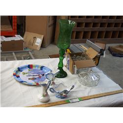 CARDY DISH, SMALL GLASS BOTTLES, & ORNAMENTAL ITEMS