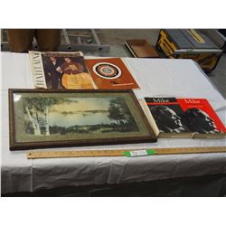 VINTAGE PICTURE IN FRAME, 2 BOOKS & CHATELAINE MAGAZINE PLUS MISC