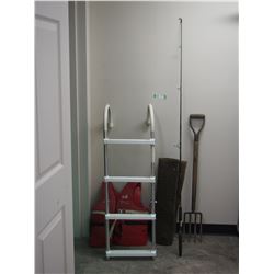 FORK, LIFE JACKET, FISHING ROD PLUS MISC