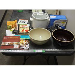 2 STONEWARE BOWLS, SLOW COOKER, COOKBOOKS PLUS MISC