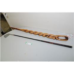CARVED WALKING STICK & GOLF CLUB