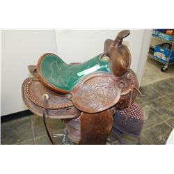 LEATHER SADDLE WITH GIRTH & PADS & BLANKET